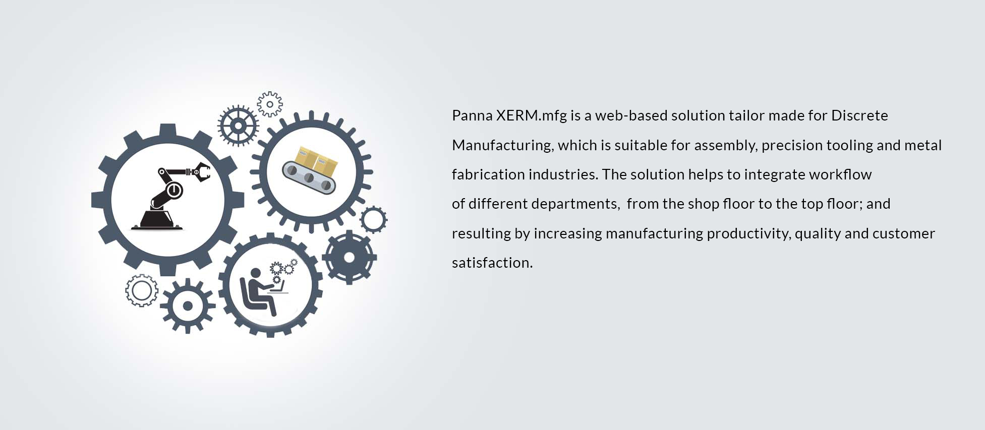 Panna XERM.mfg is a web-based solution tailor made for Discrete Manufacturing, which is suitable for assembly, precision tooling and metal fabrication industries. The solution helps to integrate workflow 
of different departments,  from the shop floor to the top floor; and resulting by increasing manufacturing productivity, quality and customer satisfaction. 